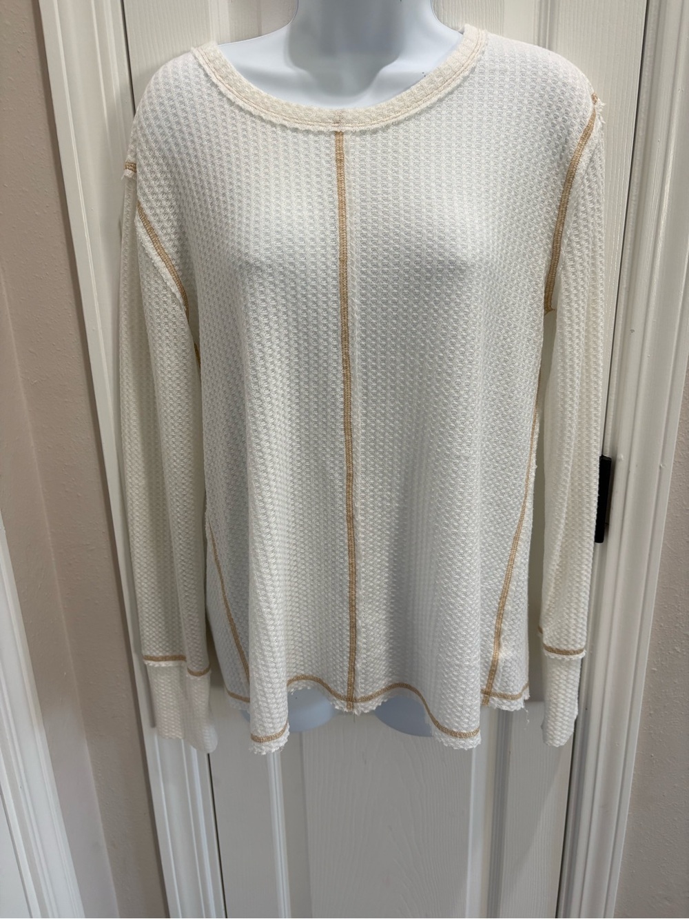 Miss Me Cream Waffle Knit Top with Tan Stitching